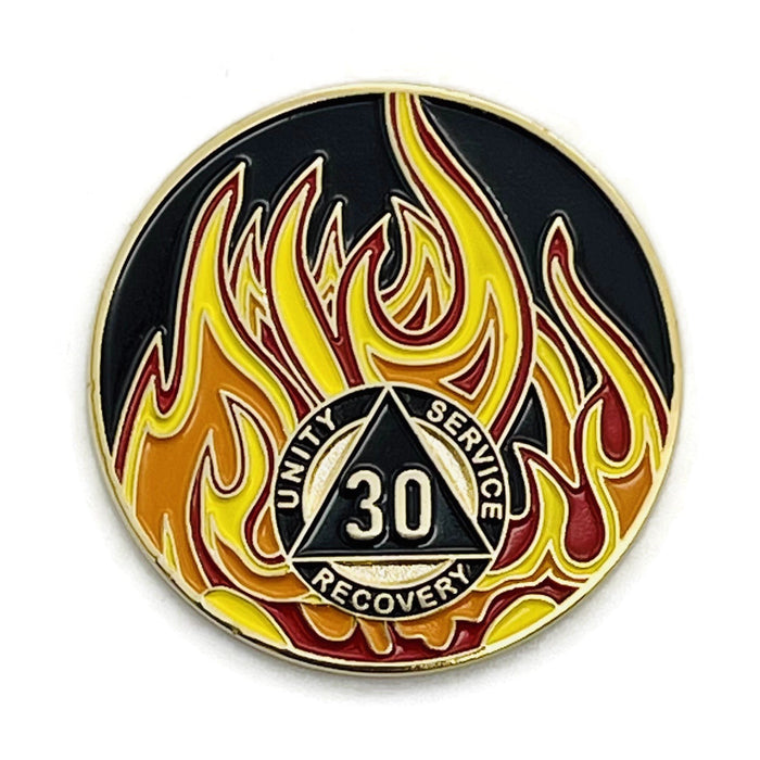 30 Year Sobriety Mint Twisted Flames Gold Plated AA Recovery Medallion - Thirty Year Chip/Coin - Black/Red/Orange/Yellow + Velvet Case