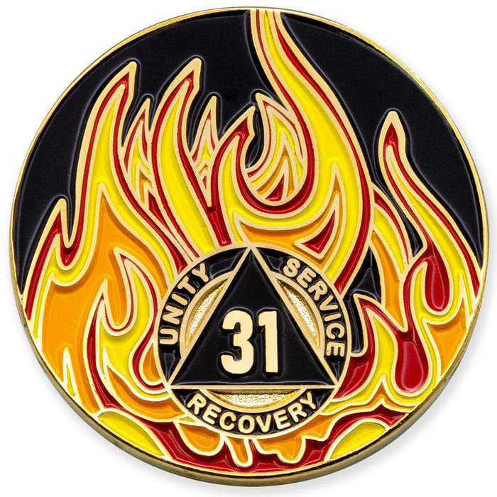 31 Year Sobriety Mint Twisted Flames Gold Plated AA Recovery Medallion/Chip/Coin - Black/Red/Orange/Yellow