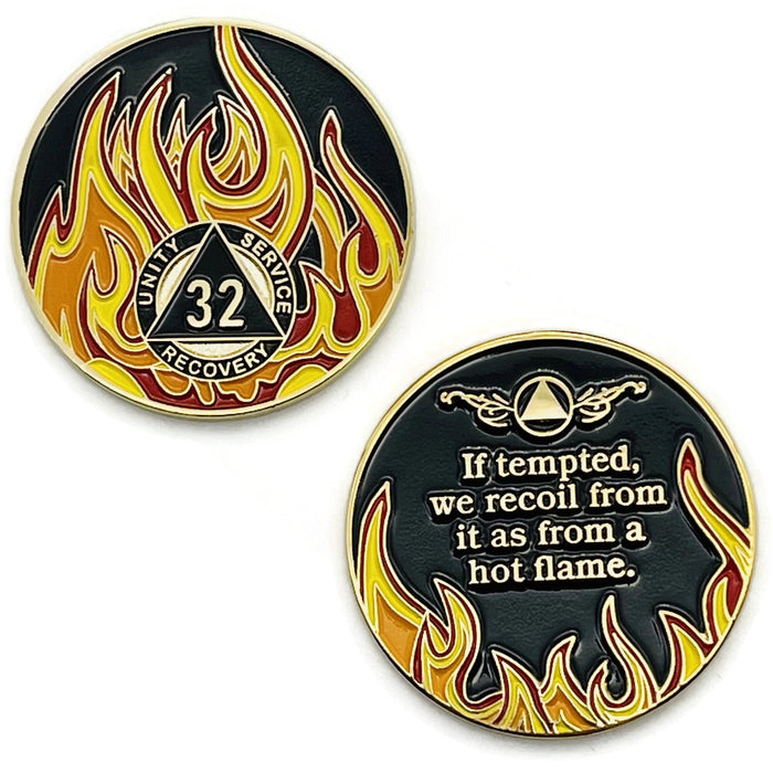 32 Year Sobriety Mint Twisted Flames Gold Plated AA Recovery Medallion - Thirty Two Year Chip/Coin - Black/Red/Orange/Yellow + Velvet Case