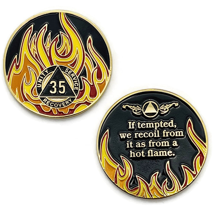 35 Year Sobriety Mint Twisted Flames Gold Plated AA Recovery Medallion - Thirty Five Year Chip/Coin - Black/Red/Orange/Yellow + Velvet Case