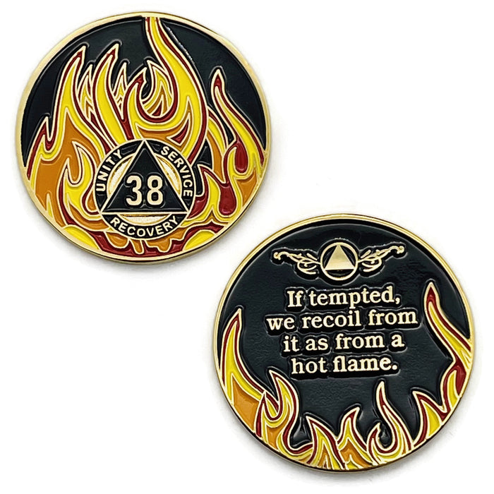 38 Year Sobriety Mint Twisted Flames Gold Plated AA Recovery Medallion - Thirty Eight Year Chip/Coin - Black/Red/Orange/Yellow + Velvet Case