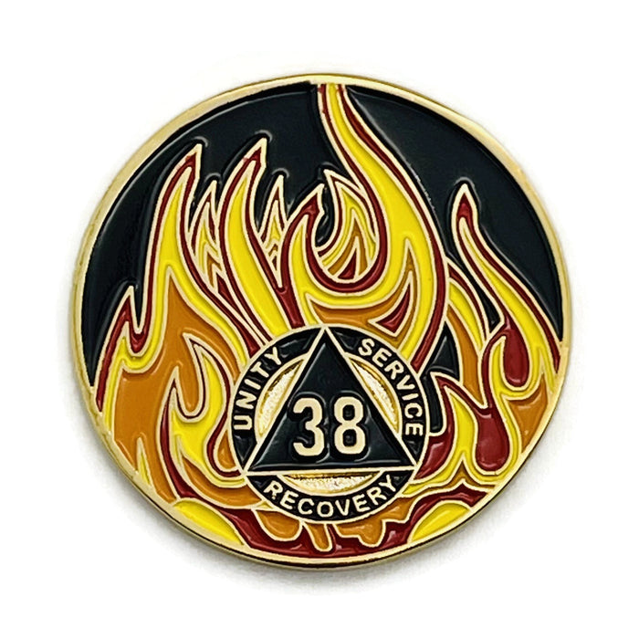 38 Year Sobriety Mint Twisted Flames Gold Plated AA Recovery Medallion - Thirty Eight Year Chip/Coin - Black/Red/Orange/Yellow + Velvet Case