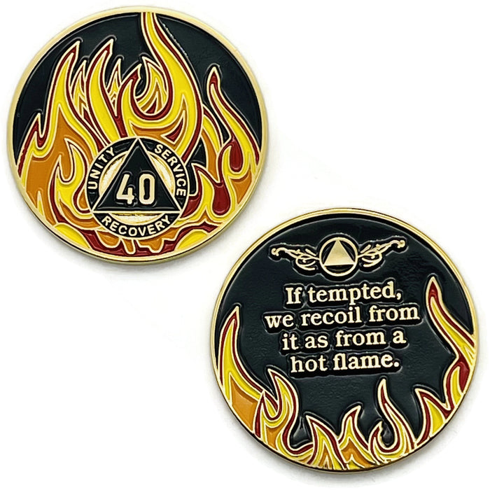 40 Year Sobriety Mint Twisted Flames Gold Plated AA Recovery Medallion - Fourty Year Chip/Coin - Black/Red/Orange/Yellow + Velvet Case