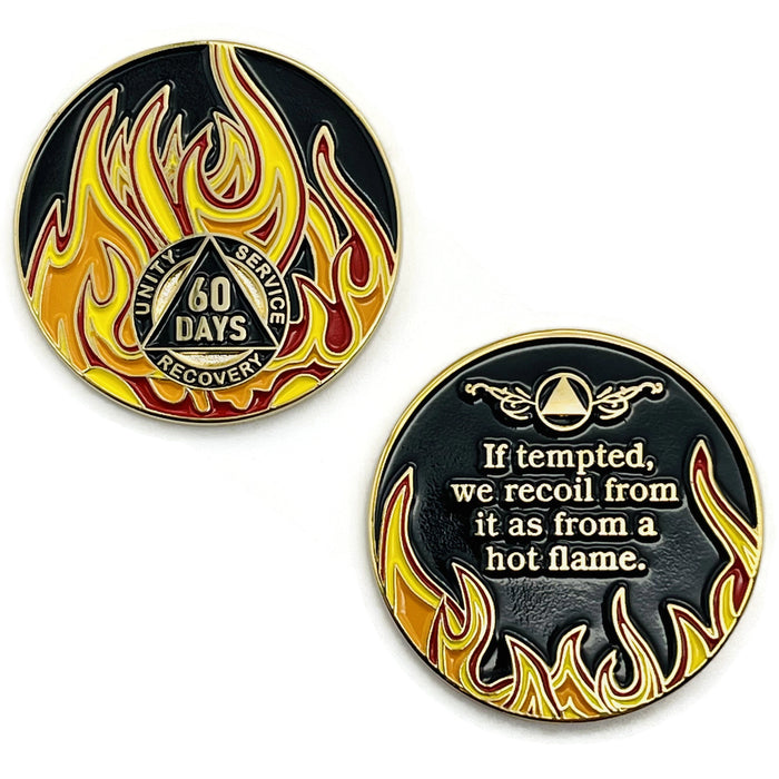 60 Days Sobriety Mint Twisted Flames Gold Plated AA Recovery Medallion - 2 Months Chip/Coin - Black/Red/Orange/Yellow + Velvet Case