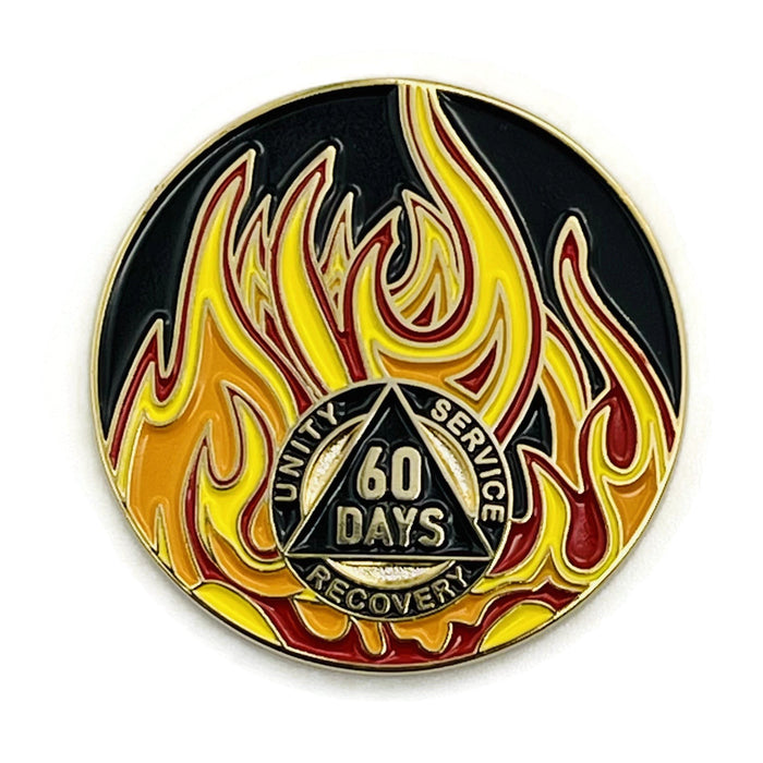 60 Days Sobriety Mint Twisted Flames Gold Plated AA Recovery Medallion - 2 Months Chip/Coin - Black/Red/Orange/Yellow + Velvet Case