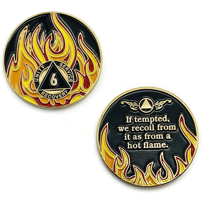 6 Year Sobriety Mint Twisted Flames Gold Plated AA Recovery Medallion - Six Year Chip/Coin - Black/Red/Orange/Yellow + Velvet Case