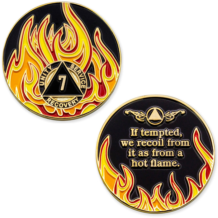 7 Year Sobriety Mint Twisted Flames Gold Plated AA Recovery Medallion/Chip/Coin - Black/Red/Orange/Yellow