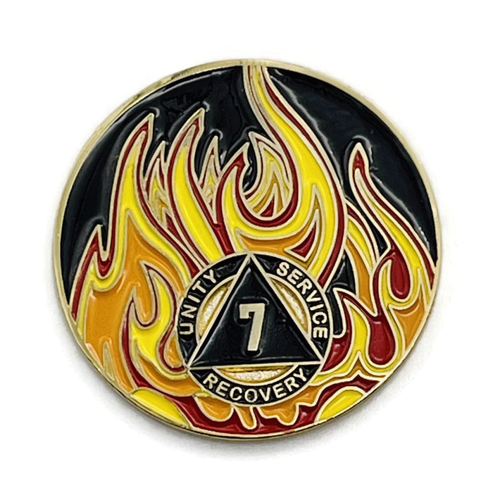 7 Year Sobriety Mint Twisted Flames Gold Plated AA Recovery Medallion - Seven Year Chip/Coin - Black/Red/Orange/Yellow + Velvet Case