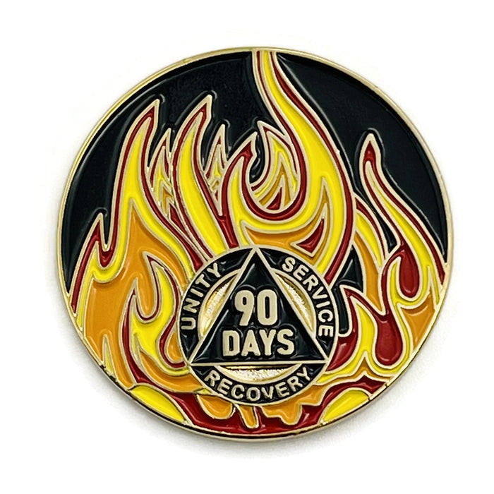 90 Days Sobriety Mint Twisted Flames Gold Plated AA Recovery Medallion - 3 Months Chip/Coin - Black/Red/Orange/Yellow + Velvet Case