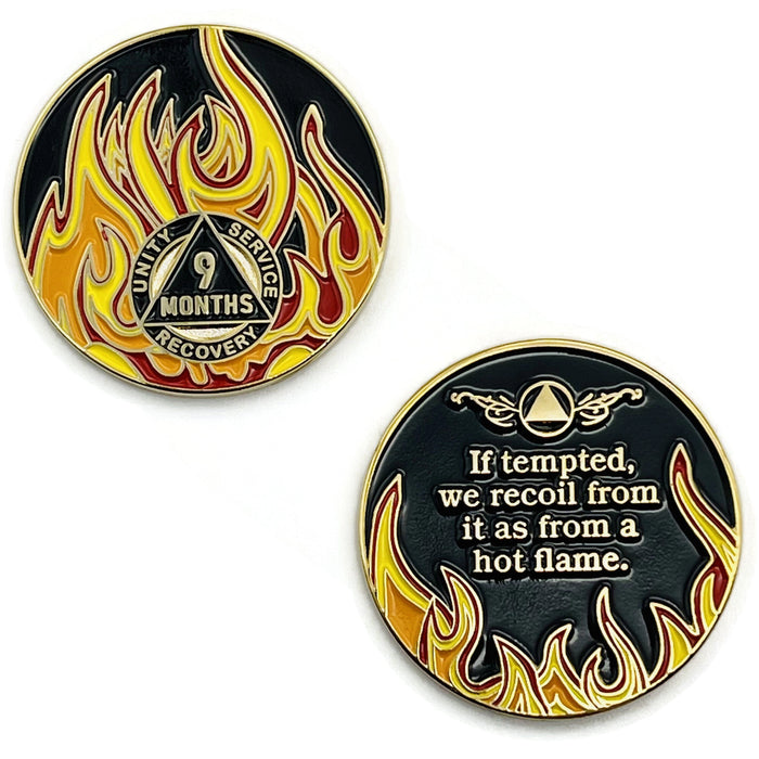 9 Month Sobriety Mint Twisted Flames Gold Plated AA Recovery Medallion - Nine Months Chip/Coin - Black/Red/Orange/Yellow + Velvet Case