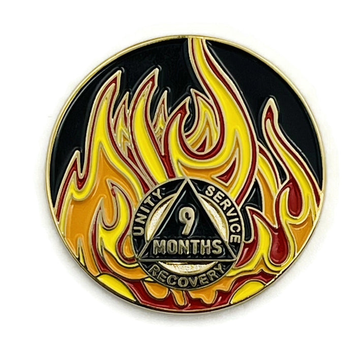 9 Month Sobriety Mint Twisted Flames Gold Plated AA Recovery Medallion - Nine Months Chip/Coin - Black/Red/Orange/Yellow + Velvet Case