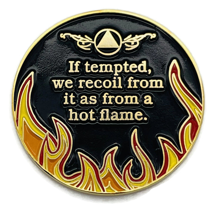 90 Days Sobriety Mint Twisted Flames Gold Plated AA Recovery Medallion - 3 Months Chip/Coin - Black/Red/Orange/Yellow + Velvet Case