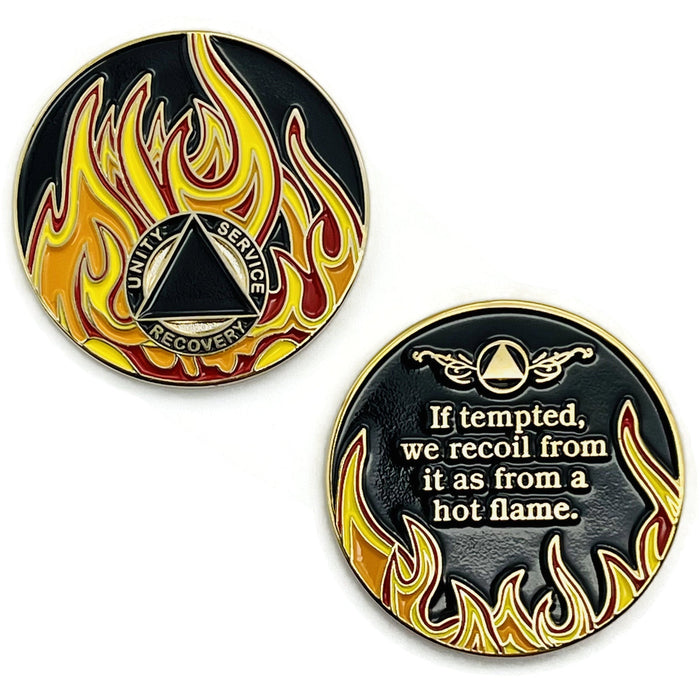 Blank Sobriety Mint Twisted Flames Gold Plated AA Recovery Medallion - No Year Chip/Coin - Black/Red/Orange/Yellow + Velvet Case