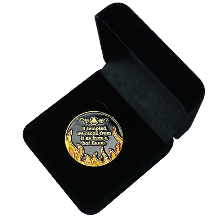 14 Year Sobriety Mint Twisted Flames Gold Plated AA Recovery Medallion - Fourteen Year Chip/Coin - Black/Red/Orange/Yellow + Velvet Case
