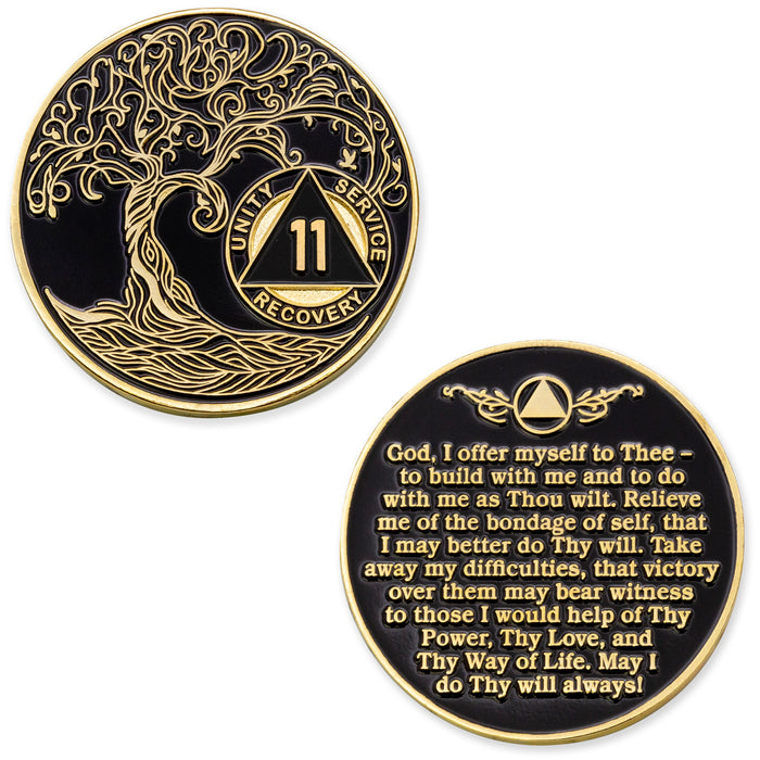 11 Year Sobriety Mint Twisted Tree of Life Gold Plated AA Recovery Medallion - Eleven Year Chip/Coin - Black