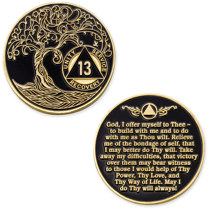 13 Year Sobriety Mint Twisted Tree of Life Gold Plated AA Recovery Medallion - Thirteen Year Chip/Coin - Black