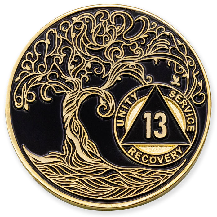 13 Year Sobriety Mint Twisted Tree of Life Gold Plated AA Recovery Medallion - Thirteen Year Chip/Coin - Black