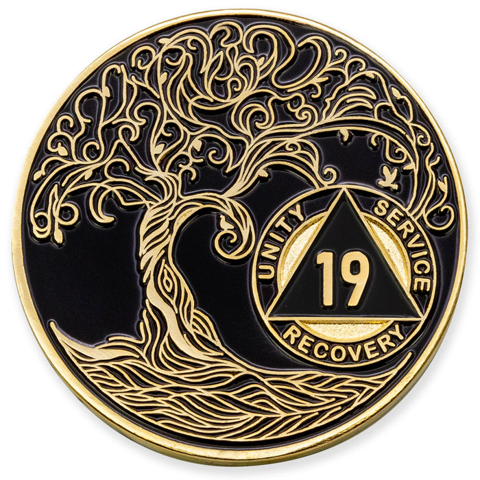 19 Year Sobriety Mint Twisted Tree of Life Gold Plated AA Recovery Medallion - Nineteen Year Chip/Coin - Black