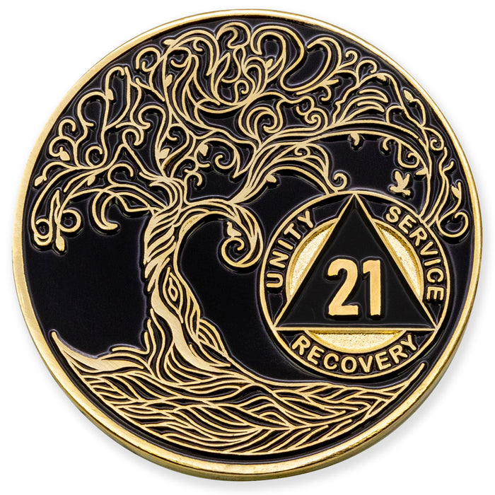 21 Year Sobriety Mint Twisted Tree of Life Gold Plated AA Recovery Medallion - Twenty-One Year Chip/Coin - Black