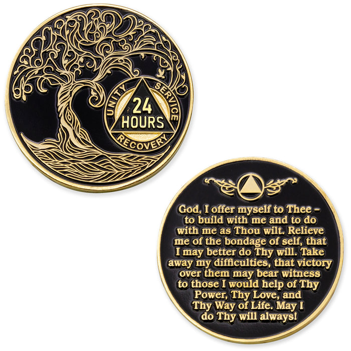 24 Hours Sobriety Mint Twisted Tree of Life Gold Plated AA Recovery Medallion - Twenty-Four Hours Chip/Coin - Black