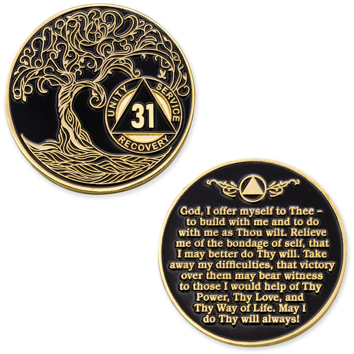31 Year Sobriety Mint Twisted Tree of Life Gold Plated AA Recovery Medallion - Thirty-One Year Chip/Coin - Black