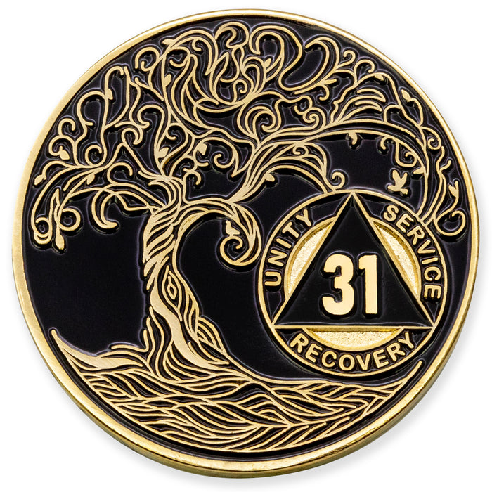 31 Year Sobriety Mint Twisted Tree of Life Gold Plated AA Recovery Medallion - Thirty-One Year Chip/Coin - Black