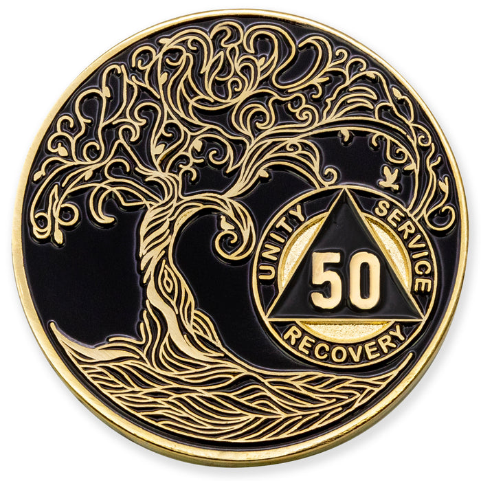 50 Year Sobriety Mint Twisted Tree of Life Gold Plated AA Recovery Medallion - Fifty Year Chip/Coin - Black