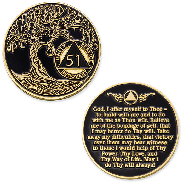 51 Year Sobriety Mint Twisted Tree of Life Gold Plated AA Recovery Medallion - Fifty One Year Chip/Coin - Black