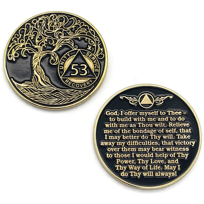 53 Year Sobriety Mint Twisted Tree of Life Gold Plated AA Recovery Medallion - Fifty Three Year Chip/Coin - Black + Velvet Case