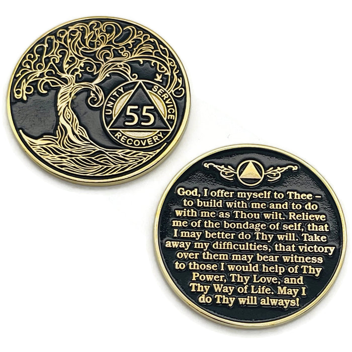 55 Year Sobriety Mint Twisted Tree of Life Gold Plated AA Recovery Medallion - Fifty Five Year Chip/Coin - Black + Velvet Case