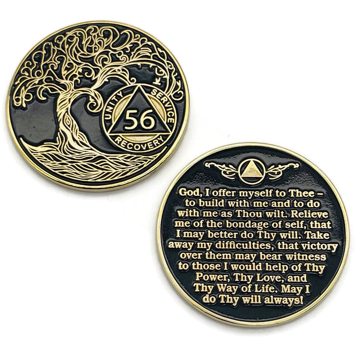 56 Year Sobriety Mint Twisted Tree of Life Gold Plated AA Recovery Medallion - Fifty Six Year Chip/Coin - Black + Velvet Case