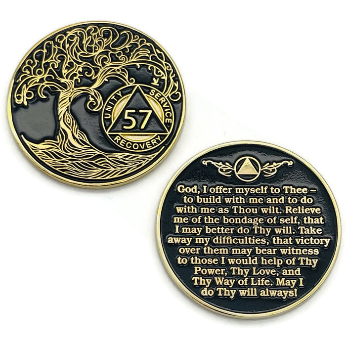 57 Year Sobriety Mint Twisted Tree of Life Gold Plated AA Recovery Medallion - Fifty Seven Year Chip/Coin - Black + Velvet Case