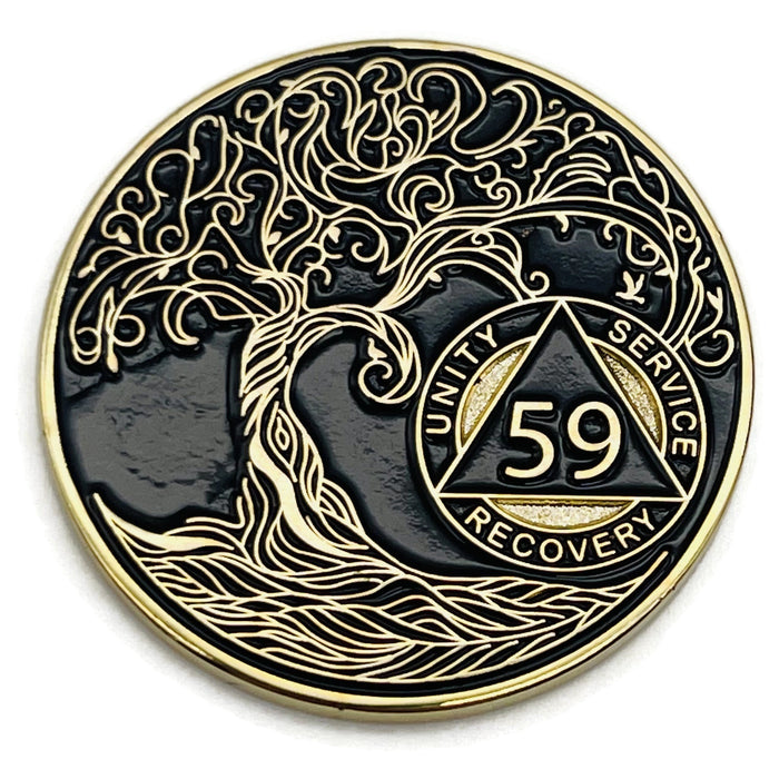 59 Year Sobriety Mint Twisted Tree of Life Gold Plated AA Recovery Medallion - Fifty Nine Year Chip/Coin - Black + Velvet Case