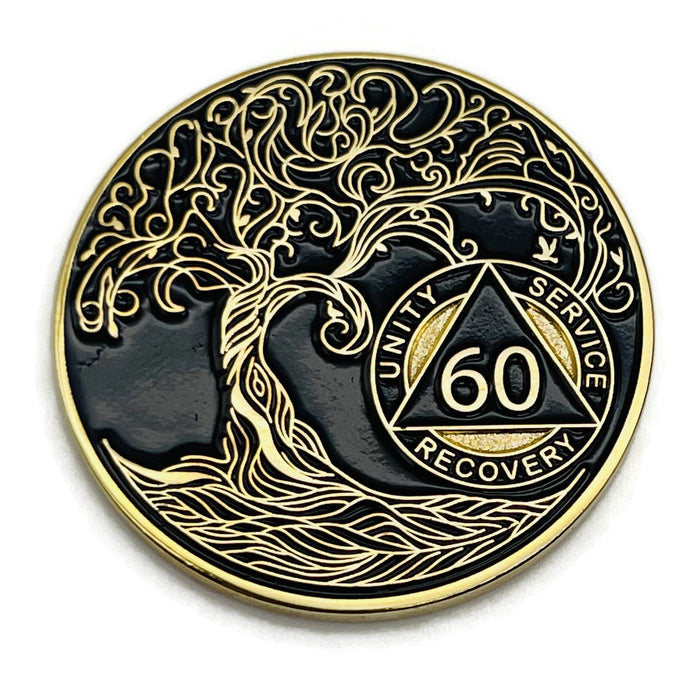 60 Year Sobriety Mint Twisted Tree of Life Gold Plated AA Recovery Medallion - Sixty Year Chip/Coin - Black + Velvet Case