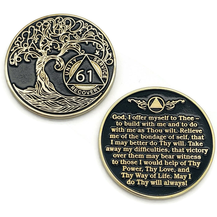 61 Year Sobriety Mint Twisted Tree of Life Gold Plated AA Recovery Medallion - Sixty One Year Chip/Coin - Black + Velvet Case