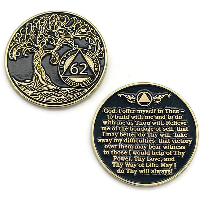 62 Year Sobriety Mint Twisted Tree of Life Gold Plated AA Recovery Medallion - Sixty Two Year Chip/Coin - Black + Velvet Case