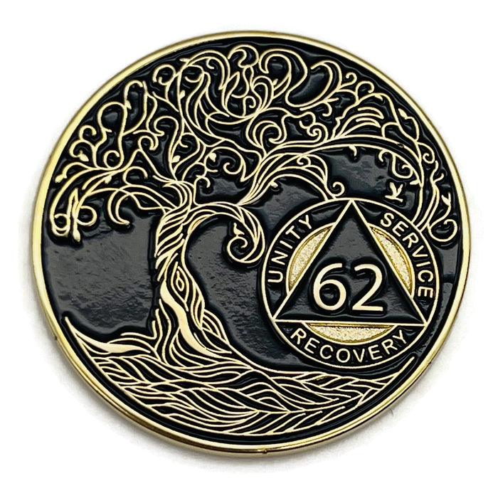 62 Year Sobriety Mint Twisted Tree of Life Gold Plated AA Recovery Medallion - Sixty Two Year Chip/Coin - Black + Velvet Case