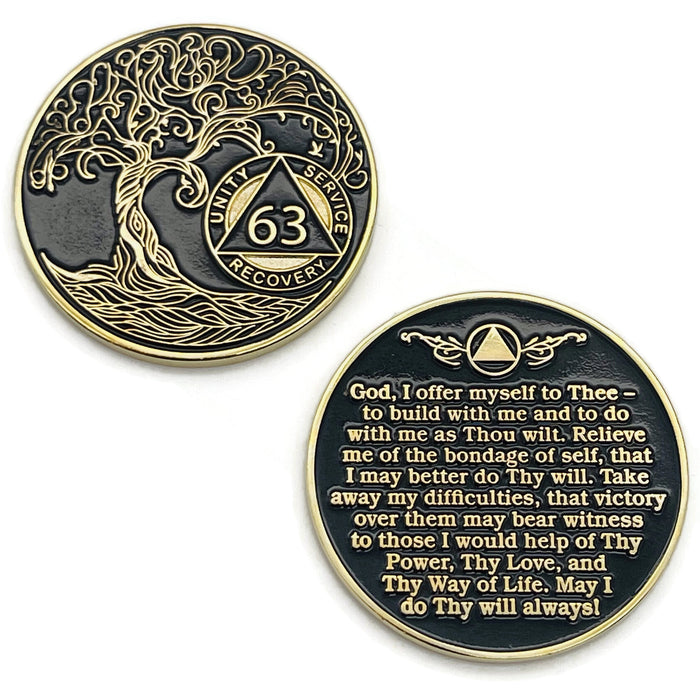 63 Year Sobriety Mint Twisted Tree of Life Gold Plated AA Recovery Medallion - Sixty Three Year Chip/Coin - Black + Velvet Case