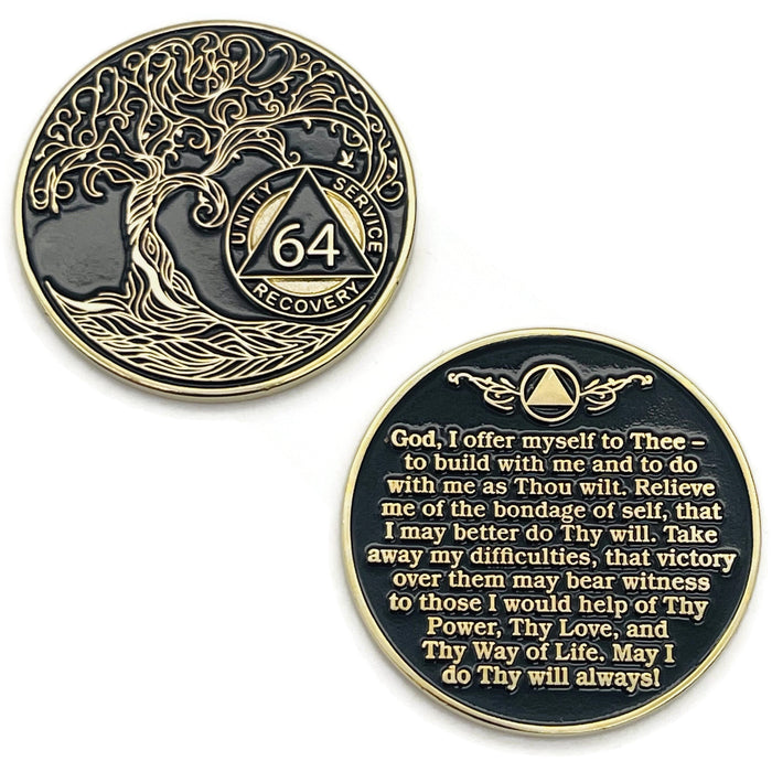 64 Year Sobriety Mint Twisted Tree of Life Gold Plated AA Recovery Medallion - Sixty Four Year Chip/Coin - Black + Velvet Case