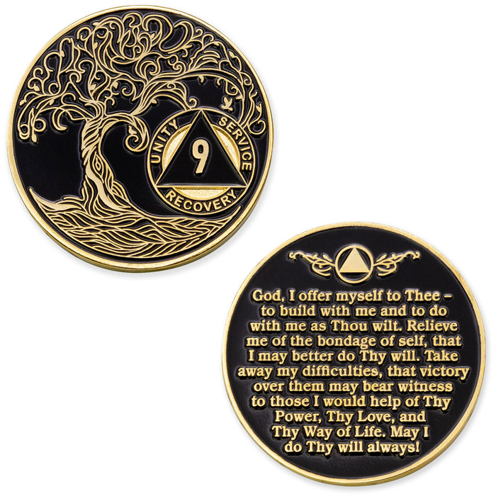 9 Year Sobriety Mint Twisted Tree of Life Gold Plated AA Recovery Medallion - Nine Year Chip/Coin - Black