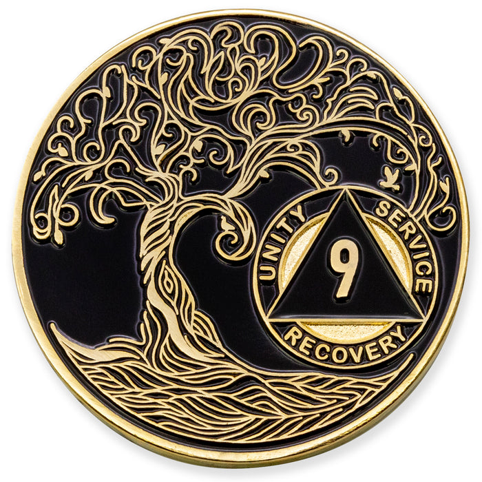 9 Year Sobriety Mint Twisted Tree of Life Gold Plated AA Recovery Medallion - Nine Year Chip/Coin - Black