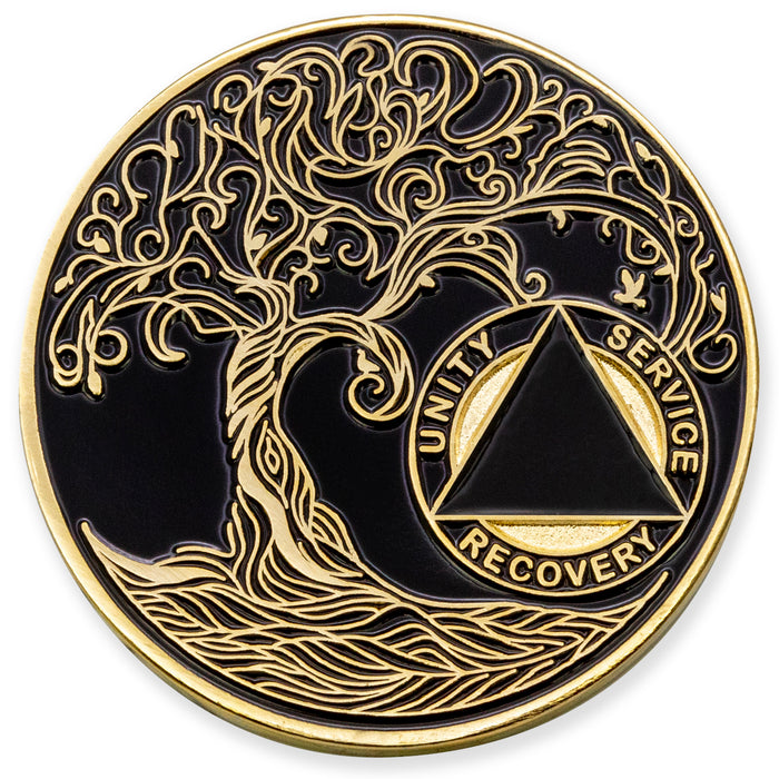 Blank Sobriety Mint Twisted Tree of Life Gold Plated AA Recovery Medallion - No Year Chip/Coin - Black