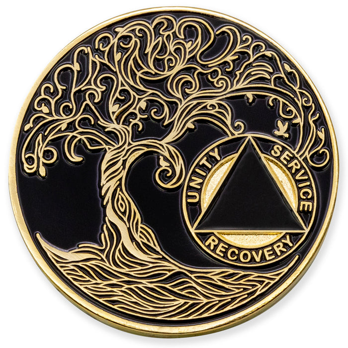 1 to 65 Year Sobriety Mint Twisted Tree of Life Gold Plated AA Recovery Medallion/Chip/Coin - Black