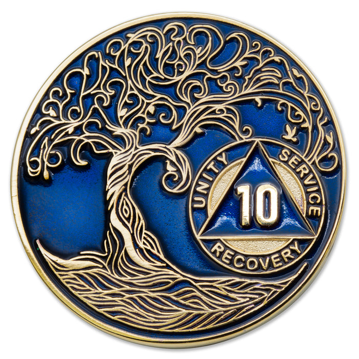 10 Year Sobriety Mint Twisted Tree of Life Gold Plated AA Recovery Medallion - Ten Year Chip/Coin - Blue