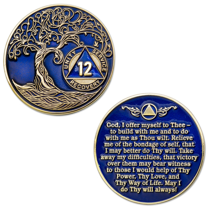 12 Year Sobriety Mint Twisted Tree of Life Gold Plated AA Recovery Medallion - Twelve Year Chip/Coin - Blue