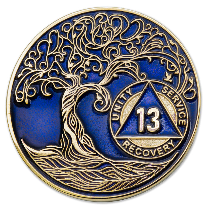 13 Year Sobriety Mint Twisted Tree of Life Gold Plated AA Recovery Medallion - Thirteen Year Chip/Coin - Blue
