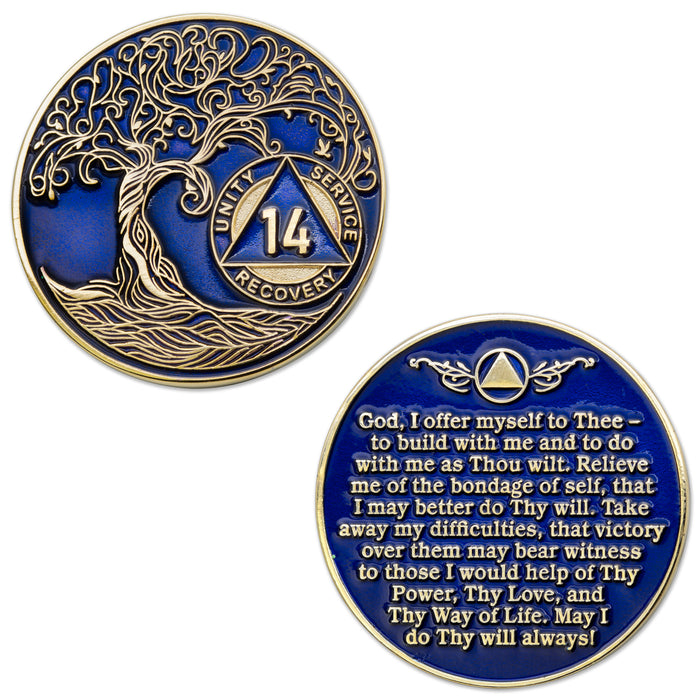 14 Year Sobriety Mint Twisted Tree of Life Gold Plated AA Recovery Medallion - Fourteen Year Chip/Coin - Blue