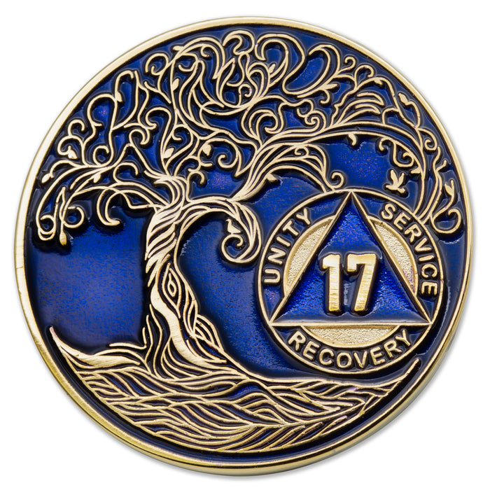 17 Year Sobriety Mint Twisted Tree of Life Gold Plated AA Recovery Medallion - Seventeen Year Chip/Coin - Blue