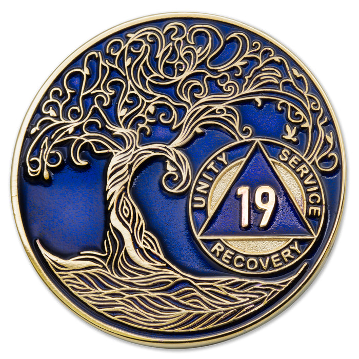 19 Year Sobriety Mint Twisted Tree of Life Gold Plated AA Recovery Medallion - Nineteen Year Chip/Coin - Blue