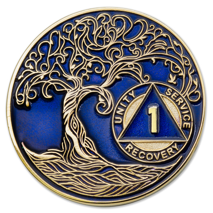 1 Year Sobriety Mint Twisted Tree of Life Gold Plated AA Recovery Medallion - One Year Chip/Coin - Blue
